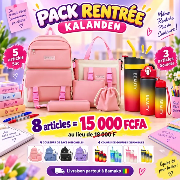 Pack Rentrée Kalanden rose : sac à dos, sac bandoulière, trousse, pochette, petit sac et 3 gourdes